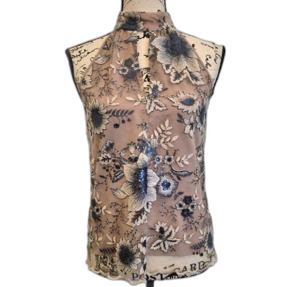 DREW Floral Embroidered Sequin Halter Top XS Boho Sheer Lace USA Made Chic